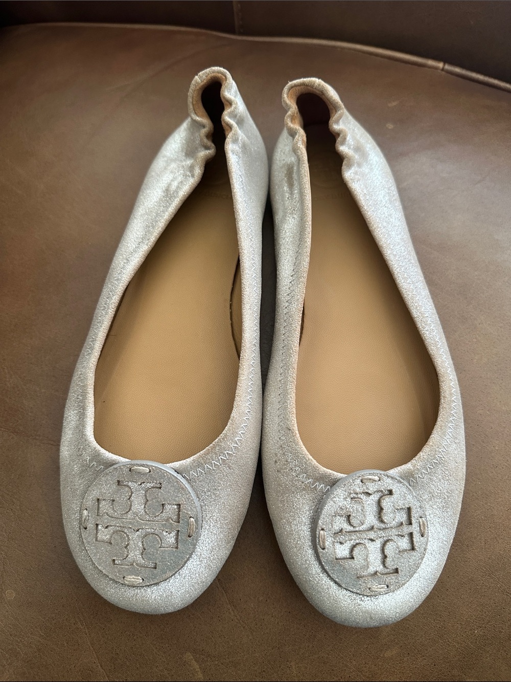 Tory Burch Metallic Silver Logo Ballet Flats